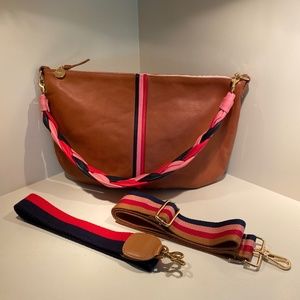 Melissa McCarthy x Clare V. Moyen tan leather with navy, pink, and red stripe